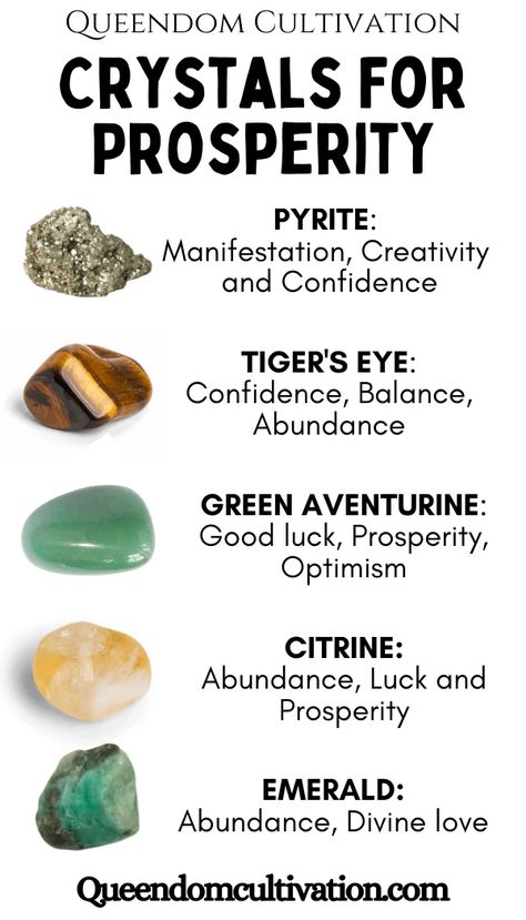 Crystals for Prosperity Understanding Crystals, Crystals For Prosperity, Prosperity Crystals, Energy Stones Crystal Healing, Crystals For Wealth, Organza Jewelry, Crystals Green, Gemstones Chart, Crystal Healing Chart