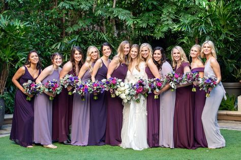 Different Shades Of Purple Bridesmaids, Fall Purple Bridesmaid Dresses, Purple Bridesmaid Dresses Mismatched, Shades Of Purple Bridesmaid Dresses, Bridesmaids Colours, Purple Photography, Bridesmaid Dress Ideas, Film Advertising, Bridal Makeup And Hair