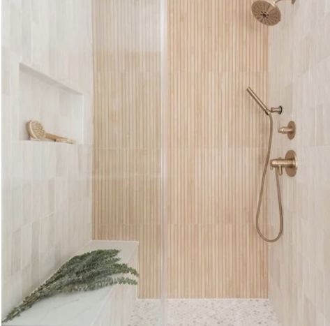 Pebble Tile Bathroom, Large Format Wall Tile, Ribbed Tile, Wood Tile Shower, Wood Tile Bathroom, Bathroom 2024, Tile Backsplash Bathroom, Pebble Floor, Ribbon Wall