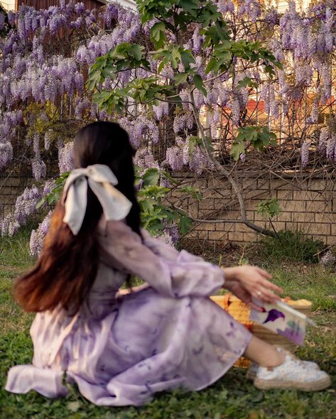 That's how imagine my perfect spring afternoon looks like 💜Posting the rest of this magical photoshoot before the wisteria season is over in the city. I'm going to miss if for sure💜 . . . #lestyleàlafrançaise #wisteria #wisteriaflowers #morsalkım #romanticstyle #zornitsaivova #booklovers #slowliving #cottagegarden #purpledress #vintagestyle #yourvintagesoul Wisteria Photoshoot, Wisteria Aesthetic Anime, Wisteria Scenery, Wisteria Magical Properties, Wisteria Festival Japan, Spring Afternoon, Spring Photography, Romantic Style, Wisteria