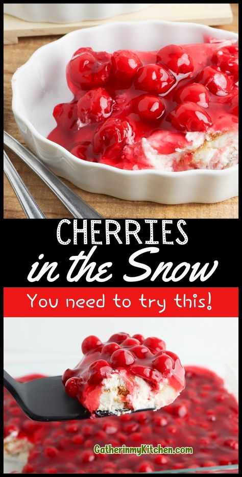 Experience a dreamy combination of Cherry Recipes Dessert with our Cherries in the Snow. This blissful blend of angel food cake, cream cheese, and cherry pie filling is what dessert dreams are made of, perfect for any festive gathering. Cherries In The Snow Recipe, Old Fashioned Desserts, Winter Desserts Easy, Cherry Pie Filling Recipes, After Dinner Dessert, Cherries In The Snow, Cherry Recipes Dessert, Snow Recipe, Dessert Lasagna