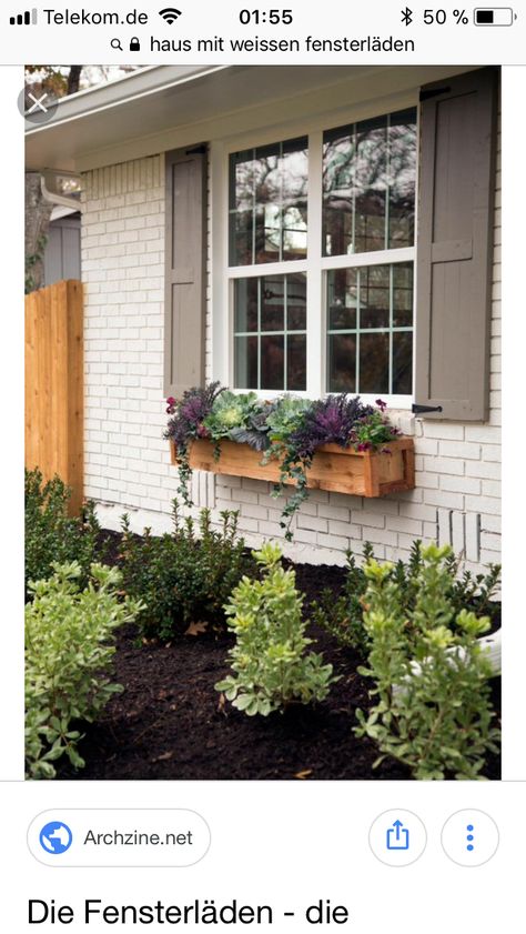 In Front Of Window Landscaping, Wooden Window Planter Boxes, Landscape Under Front Window, Window Boxes On Ranch Style House, Window Box Front Of House, Exterior Painted Brick House, Window Boxes Diy, Window Box Plants, Ranch House Exterior