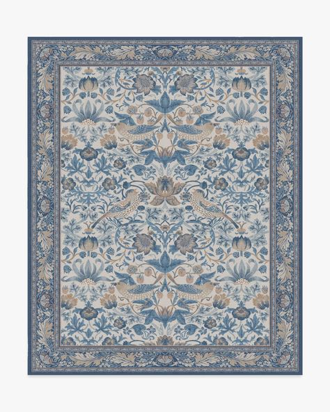 Morris & Co. Strawberry Thief Indigo & Ivory Rug | Ruggable Kelmscott Manor, Entrance Rugs, Sunset House, Coral Rug, Foyer Entrance, Block Printed Textiles, Burgundy Rugs, Light Blue Rug, Strawberry Thief