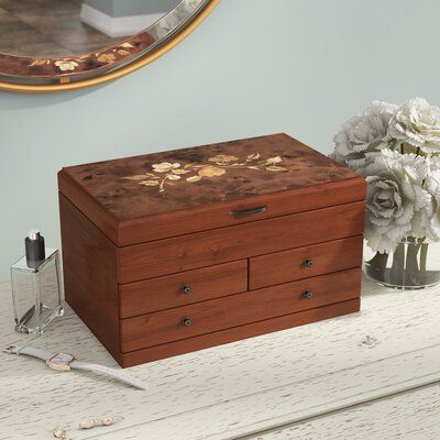 Charlton Home® Traditional styling and delicate accents give this jewelry box an unmistakable elegance. Its graceful floral inlay motif and nine hook necklace drop make this jewelry chest an exquisite way to display your treasures. Handmade Wood Gifts, Wood Jewelry Box Ideas, Jewelry Box Wood, Antique Wooden Boxes, Wood Organization, Jewelry Box Vintage, Room 2023, Thrift Inspo, Jewerly Boxes