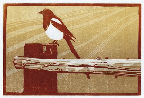 Magpie Waits Linocut - Step 5 Reduction Printmaking, Magpie Art, Linoleum Print, Colorado Artists, Relief Printing, Wildlife Artists, Arts Ed, Lino Print, Print Artist