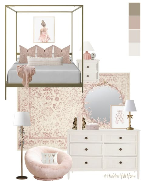 Aston Canopy Bed curated on LTK Girls Bedroom Mood Board, Ballerina Girls Bedroom, Elegant Girls Room, Girls Ballerina Bedroom, Pink Bedroom Accessories, Decor Mood Board, Ballerina Room, Girls Bed Canopy, Blush Pink Bedroom