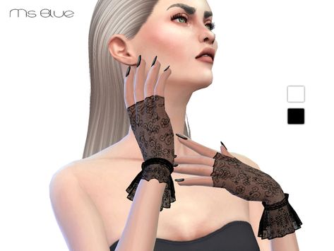 Delicate Lace gloves with sheer detail. Can be located under bracelets. Comes in 2 colors: black and white and can be located under bracelets.  Found in TSR Category 'Sims 4 Female Gloves' Sims Gloves Cc, Sims 4 Lace Gloves, Sims 4 Cc Lace Gloves, Sims 4 Gloves Cc, Sims 4 Cc Gloves, Ts4 Accessories, Lace Fingerless Gloves, Sims 4 Downloads, Sims Four