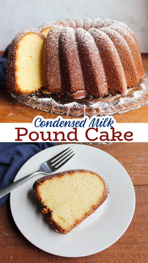 Condensed milk pound cake is rich, tender, and also pleasantly dense in all of the ways a good pound cake should be. This recipe forms a nice crust and beautiful pound cake crumb that is fabulous on its own but can hold up to plenty of fruit, whipped cream, or whatever toppings you like. Best Ever Pound Cake, Mile High Pound Cake Recipe With Condensed Milk, Condensed Milk Bundt Cake, Sweetened Condensed Pound Cake, Sweet Condensed Milk Bread Recipe, Marguerite Allen Pound Cake, Dense Pound Cake Recipe, Mike High Eagle Brand Milk Pound Cake, Swans Down Cake Flour Pound Cake