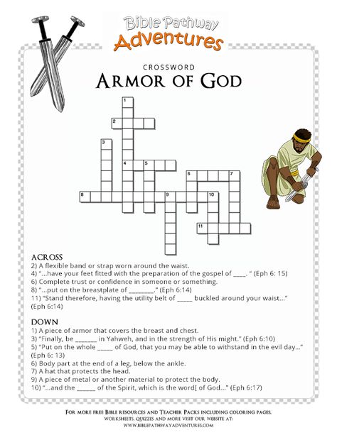 Bible Crossword Puzzles Free Printable, Sunday School Activity Sheets, Castle Vbs, Armor Of God Lesson, Bible Crossword Puzzles, Bible Puzzles, Hebrew Education, Sunday School Games, Bible Worksheets