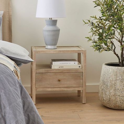 Oak Wood Bedside Table, Natural Bedside Table, Light Wood Bedside Table, White And Oak Bedroom, White Oak Bedroom Furniture, Auckland Apartment, Coastal Bedside Table, Coastal Bedside Tables, White Washed Bedside Table