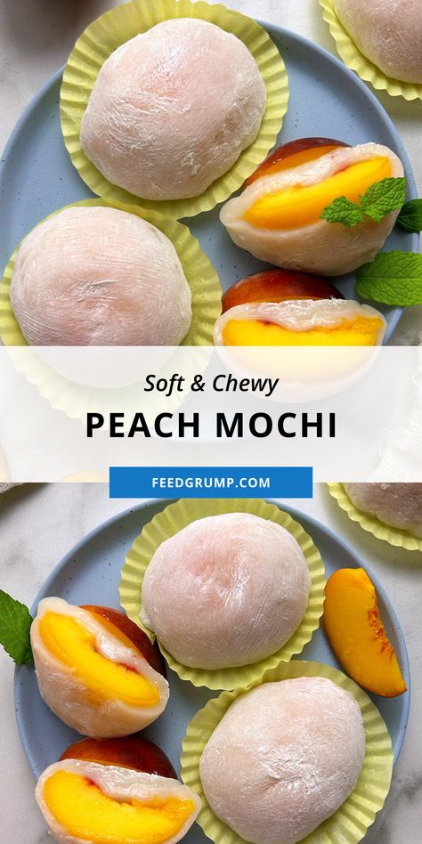 Plate of peach mochi; one of them cut in half. Mochi With Tapioca Flour, Peach Mochi Recipe, Mochi Without Microwave, Kirimochi Recipes, Healthy Asian Desserts, Simple Mochi Recipe, Homemade Mochi Recipe, Chinese Mochi Recipe, Rice Flour Dessert Recipes