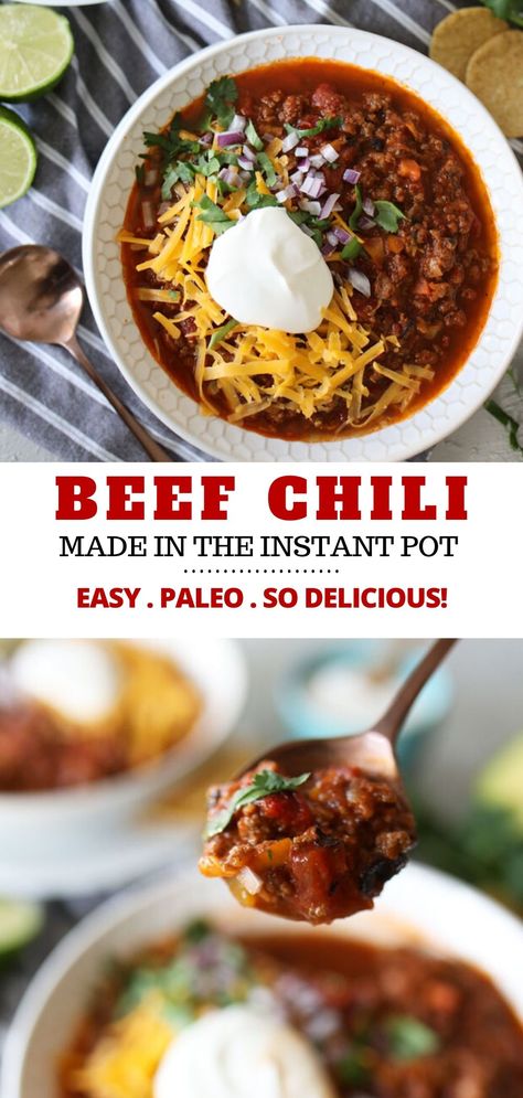 This Instant Pot chili recipe is a delicious combination of beef, veggies, tomatoes and spices, all simmered together in a pressure cooker until it's perfectly rich and hearty. An easy, quick way to make classic no bean chili! Stovetop and slow cooker instructions included. This healthy chili is super satisfying and packed with protein. It's naturally Paleo, Whole30 and Gluten Free. Nothing beats a comforting bowl of chili! #chili #instantpot #healthy #easy Instant Pot No Bean Chili, Chili Recipe Instant Pot, Chili Stovetop, No Bean Chili Recipe, Chili Pumpkin, Beans Instant Pot, Quick Chili, Recipes With Kidney Beans, Instant Pot Chili