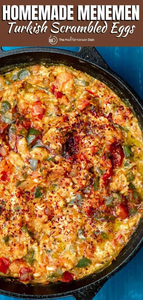 You'll love this easy menemen recipe! Soft scrambled eggs with tomatoes, peppers, and onions! This simple one-pan dish comes together in 20 minutes or less, and makes the perfect breakfast, lunch, or dinner. A couple tips make all the difference! Scrambled Eggs With Tomatoes, Menemen Recipe, Eggs With Tomatoes, Soft Scrambled Eggs, Mediterranean Breakfast, Scrambled Eggs Recipe, Middle East Recipes, The Mediterranean Dish, Global Food