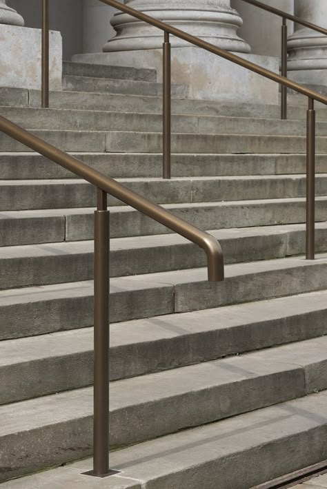 Garda with bronze finish @ Fitzwilliam Museum, Cambridge #Heritage #Lighting Stairs Handle, Outdoor Handrail, Outdoor Stair Railing, Landscape Architecture Plan, Metal Handrails, Handrail Design, Staircase Handrail, Wall Signage, Railings Outdoor