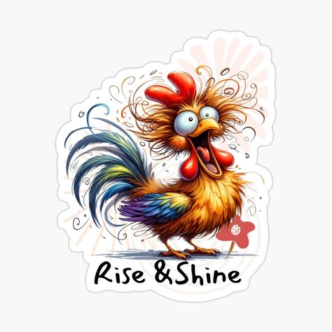 Get my art printed on awesome products. Support me at Redbubble #RBandME: https://www.redbubble.com/i/sticker/Rise-and-Shine-Funny-Rooster-by-Ketique/159675032.EJUG5?asc=u Rooster Cartoon, Farm Paintings, Rise And Shine, Rooster, My Art, Awesome Products, Paintings, Chicken, Art Prints