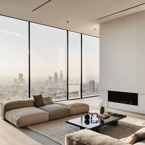 Luxurious high-rise apartment living room with city skyline view, modern interior design, plush sectional sofa, and stylish decor. Ideal for sophisticated urban living. High Rise Interior Design, High Floor Apartment, High Ceiling Apartment, Floor To Ceiling Windows Apartment, High Rise Apartment Decor, Minimal Apartment Decor, Luxury Nyc Apartment, Designed Living Room, Lawyer Life