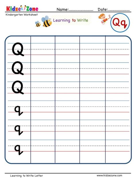 Letter Q Writing Worksheet - KidzeZone Letter Writing Kindergarten, Writing Strokes, Letter Q Worksheets, Letter C Worksheets, Letter Writing Worksheets, Letter S Worksheets, Letter B Worksheets, Alphabet Letter Worksheets, Alphabet Worksheets Kindergarten