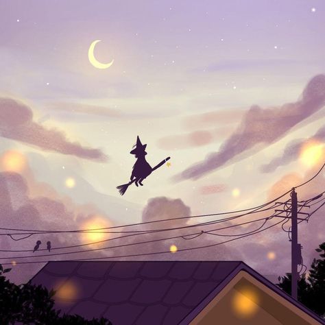 Witch Flying On Broom Full Moon, Witch Broom Art, Witch Flying On Broom, Art Imagination, Witch Flying, Adventure Anime, Purple Moon, Anime Witch, Flying Witch