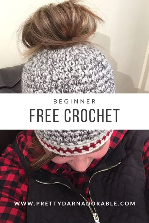 Easy Crochet Ponytail Beanie, Easy Crochet Messy Bun Hat, Bun Hats Crochet, Ponytail Hats Crochet, Top Down Crochet Messy Bun Hat Pattern Free, Crochet Messy Bun Hat Pattern Free Bulky Yarn, Bun Beanie Crochet Patterns, Crochet Hat With Ponytail Hole Pattern Free, Crochet Bun Hat Pattern Free