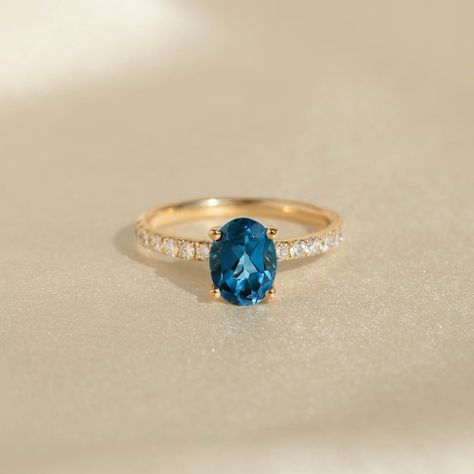 Oval London Blue Topaz and Diamond Ring 14k Gold - Minette Yellow Topaz Ring, Topaz And Diamond Ring, Blue Topaz Gemstone, Blue Stone Ring, Oval Rings, Diamond Carat, Elegant Ring, Blue Topaz Ring, London Blue Topaz