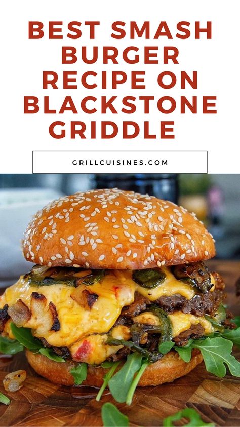 The Best Blackstone Smash Burger Recipe takes your burger game up a notch with crispy smash patties topped with rich pimento cheese, smoky bacon, and perfectly caramelized onions. This burger is perfect for family gatherings or cookouts dinner! Sear up these mouthwatering burgers on the Blackstone grill for the ultimate flavor and texture. Perfect for fall camping out, fall dinner on griddle #SmashBurger #BlackstoneBurger #PimentoCheese #BBQ Black Stone Griddle Smash Burger, Blackstone Panini Recipes, Smashburgers On Blackstone, Blackstone Smash Burger Recipe, Smash Burgers On Blackstone, Smash Burgers On Griddle, Smash Burger Recipes, Blackstone Smash Burger, Smash Patties