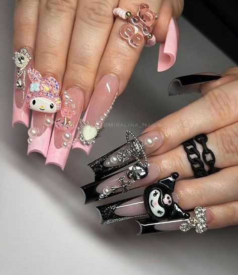 pretty & unique nails. follow for more content. Sanrio Themed Nails, Sanrio Acrylic Nails, Contrast Nails, Xl Long Acrylic Nails, Hello Kitty Nail Designs, Sanrio Nails, Paznokcie Hello Kitty, Halloween Hello Kitty, Hello Kitty Nails Art