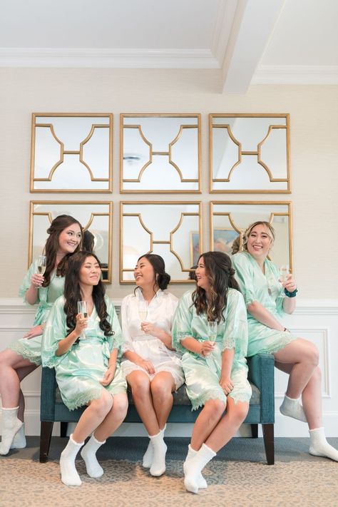 Bride and bridesmaids in aqua silk robes for aqua themed wedding Mint Green Theme Wedding, Aquamarine Wedding Theme, Mint Green Wedding Theme, Aqua Wedding Theme, Bridal Shower Pictures, Green Wedding Theme, Mint Green Bridesmaids, Mint Green Wedding, Light And Airy Wedding