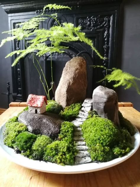 Outside Hanging Decor, Miniature Landscape Diy, Mini Zen Garden Design, Zen Terrarium, Mini Japanese Garden, Miniature Zen Garden, Small Japanese Garden, Bonsai Tree Types, Mini Zen Garden