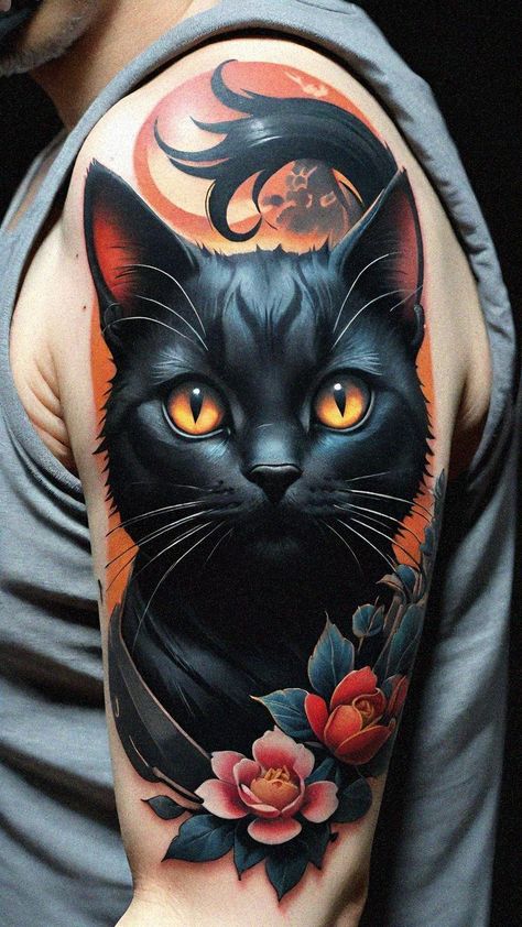 A Cat Tattoo, Bastet Tattoo, Cat And Dog Tattoo, Cat Portrait Tattoos, Cat Tattoo Design, Black Cat Tattoos, Sigil Tattoo, Beautiful Tattoos For Women, Realistic Portrait