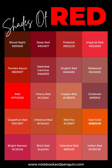 Red Hex Code Palette, Canva Color Palette Codes Red, Hunger Games Color Palette, Types Of Red Color, Red Pallet Color, Red Pallete Color, Red Color Palette Colour Schemes, Red Hex Codes, Red Palette Color