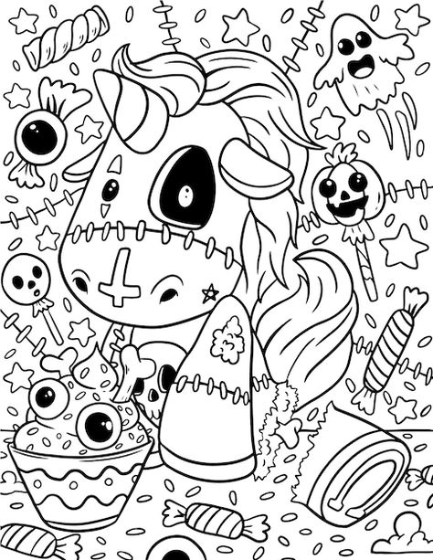 Gangsta Drawings, Decorative Doodles, Goth Coloring Pages, Cute Halloween Coloring Pages, Kawaii Coloring Pages, Halloween Unicorn, Space Coloring Pages, Gothic Ideas, Rainbow Canvas