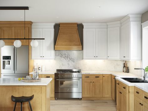 Two-Tone Kitchens in 2024: Everything You Need to Know Fabuwood Cabinets, Natural Wood Kitchen Cabinets, White Upper Cabinets, Kitchen Color Trends, Two Tone Kitchen Cabinets, Natural Wood Kitchen, Kitchen Cabinet Trends, Timber Kitchen, Light Wood Cabinets