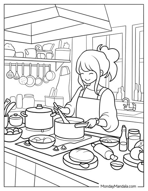 22 Kitchen Coloring Pages (Free PDF Printables) Cosy Colouring Pages, Colouring Pages People, Kitchen Coloring Pages, Coloring Pages People, Fashion Coloring Pages, 2025 Planner, Bali Art, People Coloring Pages, Adult Coloring Books Printables