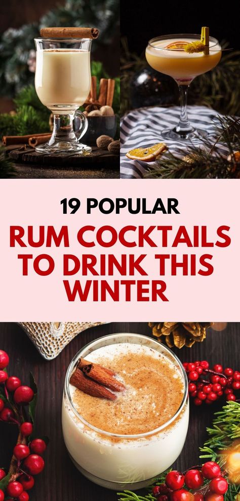 A collection of festive winter rum cocktails, featuring creamy eggnog garnished with cinnamon sticks, zesty citrus rum punch, and spiced rum drinks with nutmeg. Perfect for holiday gatherings or cozy nights by the fire, these drinks are highlighted by their seasonal flavors and warm presentation. Ideal for those seeking popular winter rum cocktail recipes. Christmas Rum Drinks, Holiday Rum Drinks, Cocktails With Rum, Rum Drinks Easy, Easy Winter Cocktails, Best Rum Cocktails, Spiced Rum Drinks, Dark Rum Cocktails, Spiced Rum Cocktails