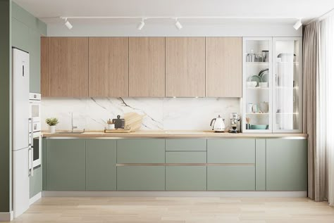 Modern Scandi Kitchen, Zen Kitchen, Mint Kitchen, Scandi Kitchen, Green Kitchen Cabinets, Best Kitchen Designs, Kitchen Interior Design Modern, Kitchen Design Plans, White Modern Kitchen