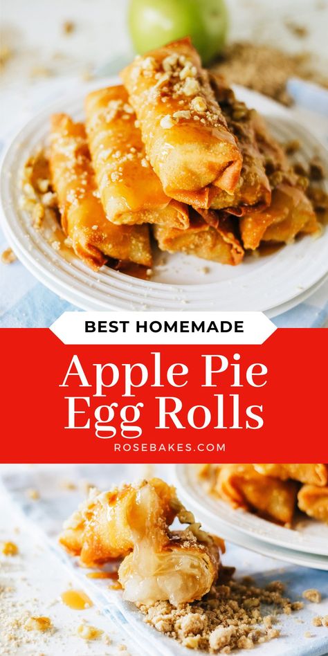 Apple Pie Egg Rolls have a brown sugar cinnamon apple pie filling and a deep-fried, golden brown, perfectly crispy egg roll outside. They are a copycat of the Panda Express Apple Pie Roll - but WAY BETTER and you can make them at home anytime you have a craving! Apple Egg Rolls Recipes, Apple Pie Eggroll, Apple Pie With Egg Roll Wrappers, Apple Pie Egg Rolls Recipe Baked, Apple Egg Rolls, Apple Pie Egg Rolls, Egg Roll Filling, Crispy Egg, Thanksgiving Sweets