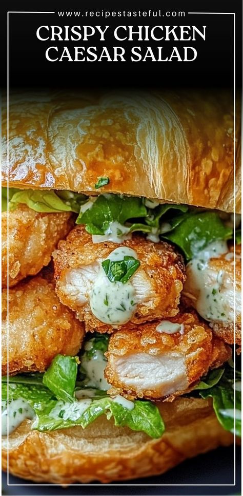 Enjoy a delightful twist on the classic Caesar salad with crispy chicken nestled inside a buttery croissant. This dish combines crispy textures and creamy flavors, making it perfect for lunch or a light dinner. Chicken Salad Croissant Sandwich, Chicken Salad Croissant, Chicken Crescent Rolls, Croissant Sandwich, Classic Caesar Salad, Salads Recipes, Chicken Caesar, Chicken Caesar Salad, Romaine Lettuce Salad