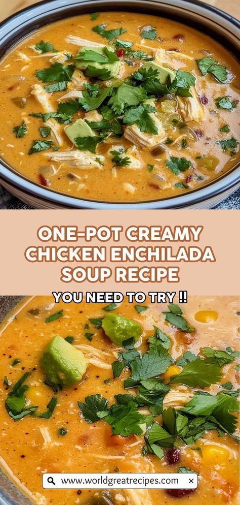 Discover the magic of a One-Pot Creamy Chicken Enchilada Soup that brings all the flavors of your favorite Mexican dish into a cozy bowl! This recipe is not only easy to follow but also ensures a rich and creamy texture that will have your taste buds dancing. With ingredients like enchilada sauce, corn, black beans, and cream cheese, this soup offers a burst of flavors that are both comforting and satisfying. Perfect for busy weeknights, it’s a dish you’ll want to make again and again! Creamy Chicken Enchilada Soup, Quick Easy Family Meals, Creamy Enchilada, Chicken Enchilada Soup Recipes, Enchilada Soup Recipe, Cream Cheese Chicken Enchiladas, Cozy Dinners, Creamy Chicken Enchiladas, Chicken Enchiladas Easy