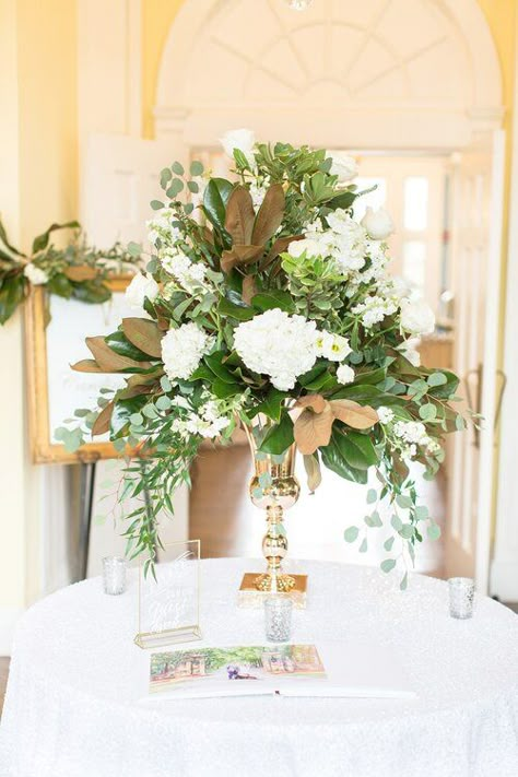 Magnolia And Hydrangea, Magnolia Altar Arrangement, Magnolia Wedding Centerpieces, Magnolia And Hydrangea Wedding, Winter Magnolia Wedding, Magnolia Leaf Wedding, Magnolia Leaf Centerpiece, Magnolia Centerpiece Wedding, Magnolia Leaves Wedding