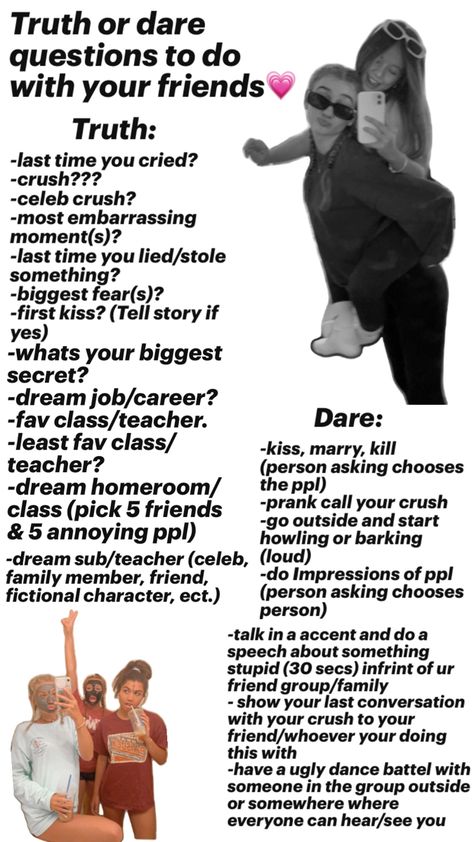 (Sry i couldn’t rlly fit that much i tried to make it as even as i could so don’t mind there is a little more truth options than dare)💗 Truth Or Dare Questions Online Chat, Good Dare Ideas, Dares Over Facetime, Fun Truth Or Dare Questions For Friends, Interesting Truth Or Dare Questions, Truth Or Dare With Friends, Good Dares For Friends, Truth Or Date Questions, Truth Or Dares For Teenagers