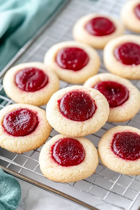 Jam Diagonal Cookies, Fruit Thumbprint Cookies, Raspberry Shortbread Thumbprint Cookies, Desserts With Jam, Raspberry Jam Cookies, Strawberry Thumbprint Cookies, Raspberry Thumbprint, Yummy Baked Goods, Fruity Cookies