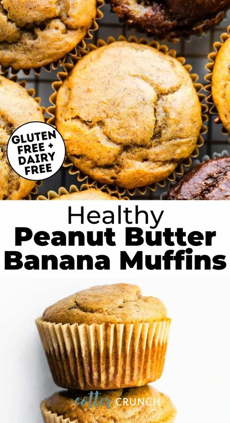 These Healthy Peanut Butter Banana Muffins are soft, moist, and bursting with sweet banana and nutty peanut butter flavor. They taste like a treat but are actually gluten free, dairy free, refined sugar free, and can be made high protein, too. Sub seed butter for a nut free version or almond butter for a peanut free version. Add chocolate chips, cocoa powder or plant based (vegan) chocolate protein powder, if desired. Meal prep these flourless muffins for lunchboxes or easy breakfasts. Banana Chocolate Chip Muffins With Protein Powder, Banana Protein Powder Muffins, Gluten Free Peanut Butter Banana Muffins, Almond Butter Banana Muffins, Healthy Peanut Butter Banana Muffins, Banana Muffins Gluten Free, Protein Powder Muffins, Banana Applesauce Muffins, Peanut Butter Powder Recipes