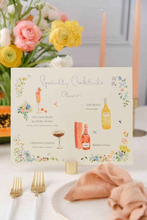 custom wedding cocktails sign by jolly edition Whimsical Garden Party Wedding, Colorful Table Setting Wedding, Garden Wedding Details, Garden Party Cocktails, Spring Wedding Invites, Wedding Specialty Cocktails, Colorful Flatlay, Garden Party Bar, Cocktail Menu Wedding