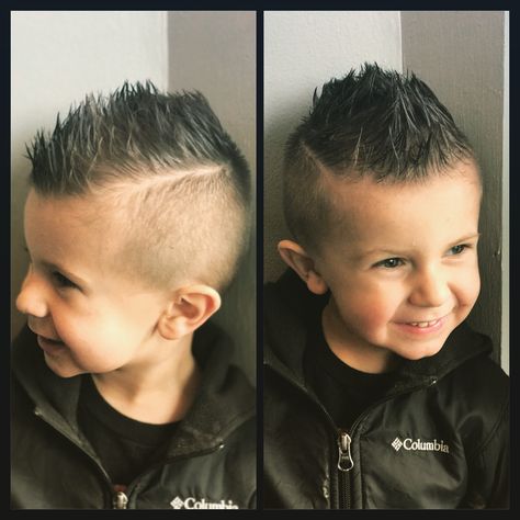 Toddler boys cut - mohawk Little Boys Mohawk Haircut, Toddler Boy Haircut Mohawk, Boys Faux Hawk Haircut, Kids Mohawk Haircut, Boys Mohawk Haircut, Toddler Mohawk Boy, Little Boy Mowhawk Haircuts, Mohawk Boys, Modern Mohawk Boys