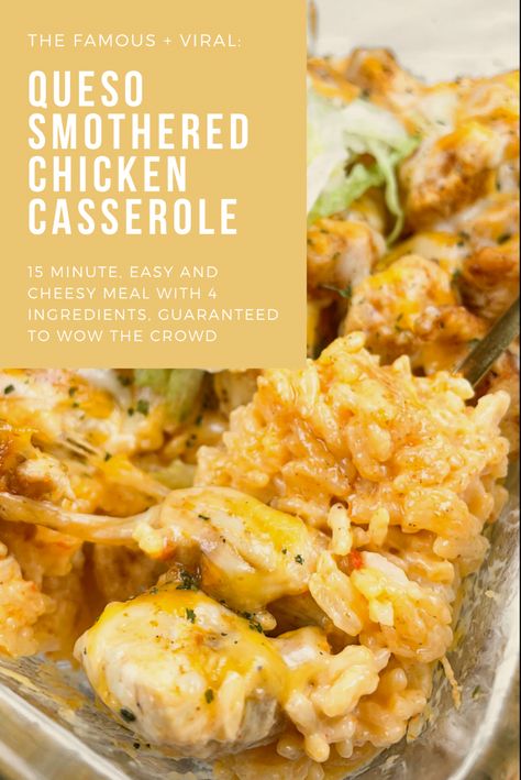 This is my FAMOUS and VIRAL queso smothered chicken casserole. It takes about 15 minutes to make and combines just 4 ingredients for this cheesy, quick and easy, chicken casserole. Cheesy Mexican Chicken And Rice, Queso Smothered Chicken, Smothered Chicken And Rice, Mexican Chicken And Rice Casserole, Cheesy Mexican Chicken, Smothered Chicken Casserole, Mexican Chicken And Rice, Chicken And Rice Casserole, Smothered Chicken