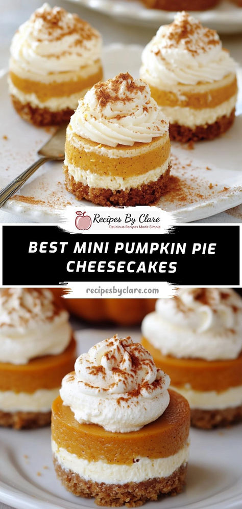 These mini cheesecakes combine a smooth cream cheese layer with a spiced pumpkin pie topping, making them the perfect bite-sized treat for autumn gatherings.  Ingredients:  1 cup graham cracker crumbs 8 oz cream cheese, softened 1/2 cup pumpkin puree 1/4 teaspoon ground cinnamon A delightful fusion of creamy cheesecake and spiced pumpkin pie, these mini treats are perfect for Thanksgiving or cozy fall celebrations! Pumpkin Pie Crackers And Cheese, Pumpkin Cream Cheese Cheesecake, Pumpkin Spice Mini Cheesecakes, Pumpkin And Cream Cheese Desserts, Small Cheesecake Minis, Mini Pumpkin Cream Cheese Pies, Layered Pumpkin Pie Cheesecake, Best Pumpkin Desserts Thanksgiving, Thanksgiving Dessert Cheesecake