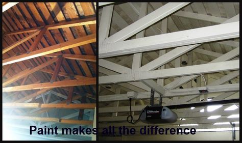 Garage renovation project.  Painting the trusses and ceiling shingles is definitely the way to go! http://DIYdithering.blogspot.com Painting Rafters Exposed Ceilings, Exposed Garage Ceiling, Pitched Roof Garage Conversion, Carport Makeover, Painted Garage, Garage Build, Exposed Trusses, White Garage, Exposed Beams Ceiling