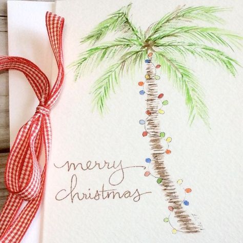 Painting Ideas Trees, Palm Tree Christmas Cards, Palm Tree Christmas Lights, Tropical Christmas Cards, Palm Tree Christmas, Beach Christmas Card, Handcrafted Christmas Cards, Christmas Palm Tree, Send Christmas Cards