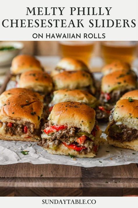 Melty Philly Cheesesteak Sliders on Hawaiian Rolls Hawaiian Rolls Dinner Ideas, Fun Sliders Recipes, Warm Sliders Hawaiian Rolls, Hawaiian Roll Sliders Christmas, Kings Hawaiian Appetizers, Meals With Hawaiian Rolls, Taco Sliders Hawaiian Rolls, Meatloaf Sliders Hawaiian Rolls, Philly Cheese Steak Sliders Hawaiian Rolls