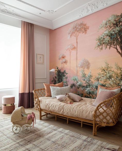 The Oasis Mural is one of our most popular mural designs and for good reason. Inspired by the fading daylight of the rainforest and the calming pastel shades the setting sun creates, it's a dreamy and surreal treescape which brings its own magical calm to an interior.   We love seeing our Oasis Mural out in the wild in our customers homes and if you're looking for inspiration of how to use it; whether it's a bedroom, living space or dressing room, we've put together a few of our favourite Oasis Pink And Gold Wallpaper, Gorgeous Wallpaper, Magnolia Paint, Luxurious Wallpaper, The Rainforest, Mural Design, Spare Room, Pastel Shades, Kids Bedroom Decor